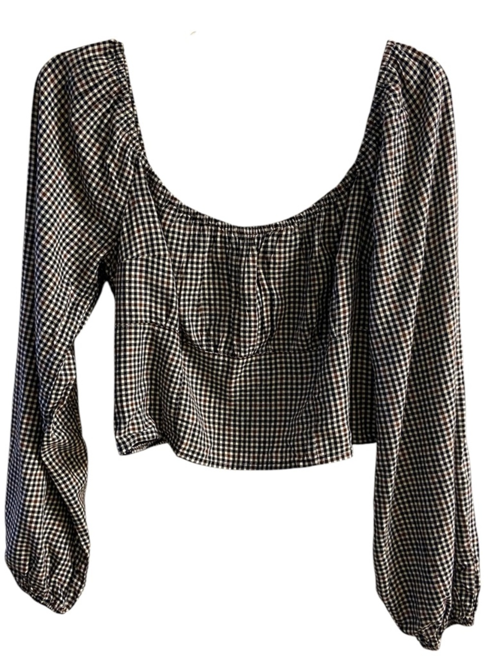 Hollister Black & White Gingham Long-Sleeve Scoop Crop Top Large
